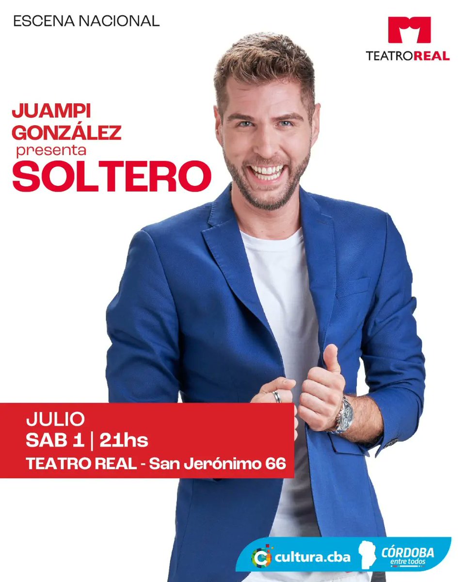 #Real2023 
ESCENA NACIONAL
Sábado 1 – 21hs
“Soltero”
Juampi González
110 minutos
Edad recomendada: todo público
Entradas generales: Platea $5.500, 1° nivel y 2° nivel $4.400, 3° nivel $3.850 - Disponibles en autoentrada.com y en boletería del teatro

<a href="/AgCbaCultura/">Cultura CBA</a>