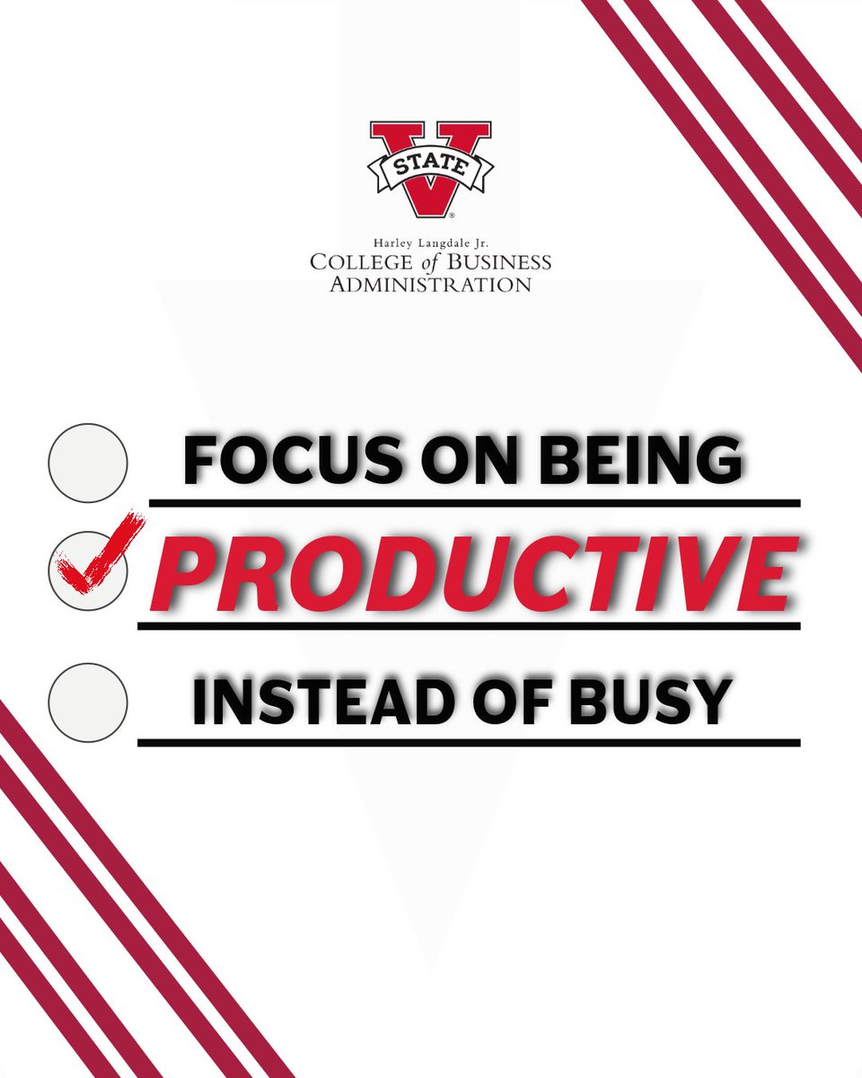 Let's finish off this week strong and be productive! 💪

Make sure to have a to-do list for the day and schedule healthy breaks to breathe or go for a walk. 😁

Share your favorite productivity tips with us in the comments. 

#VSUBusiness #VSU #WorldProductivityDay #Motivational
