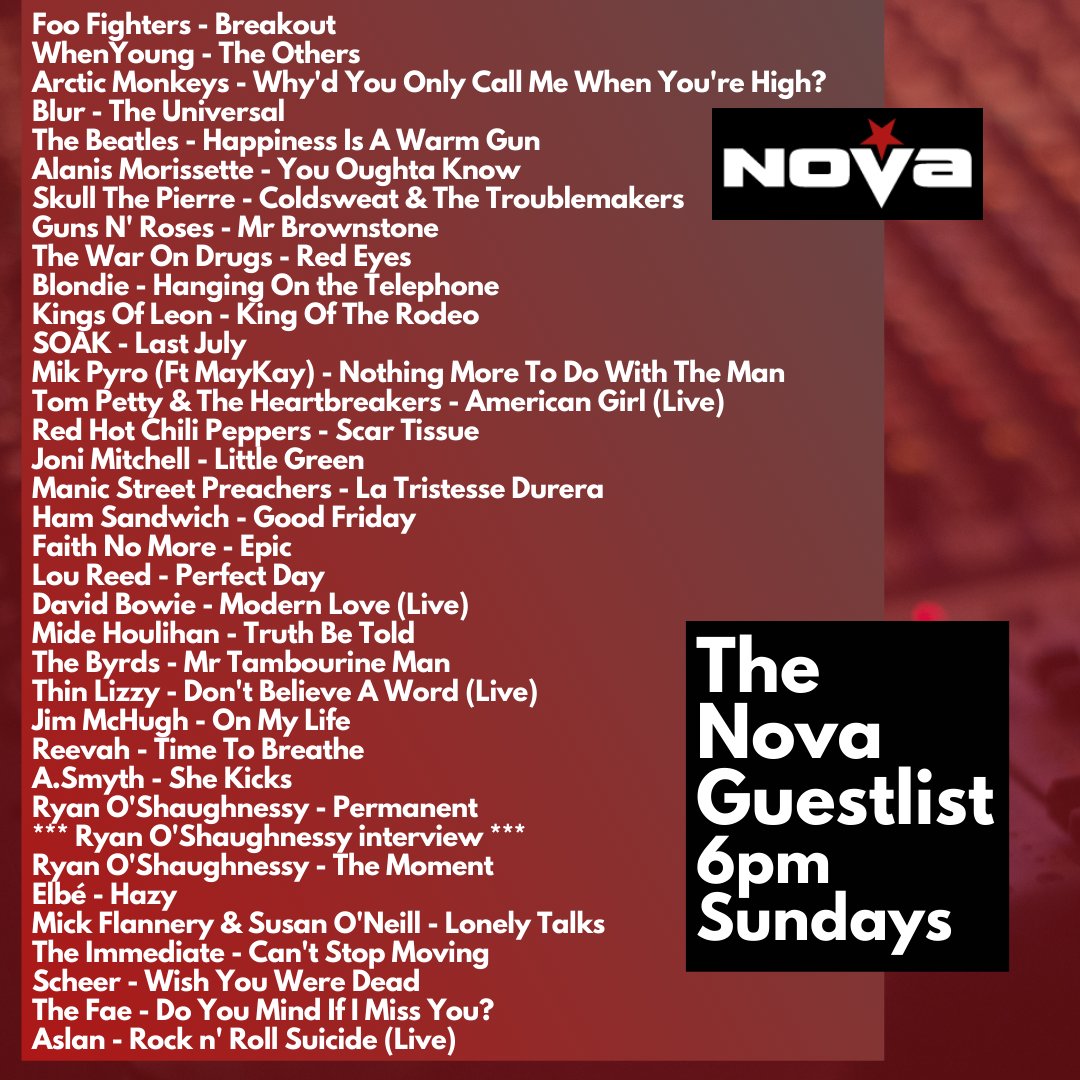 🚨All the great songs on the #NovaGuestlist; including chats with @Ryan_Acoustic & @HanrattyDave; + first plays for @TheFae_Dublin @ElbeMusic & @ReevahOfficial!💚 📻Listen back Now on nova.ie/radio-schedule… or 6pm Sundays on @RadioNova100! #IrishMusicParty #IndieMusic🔥