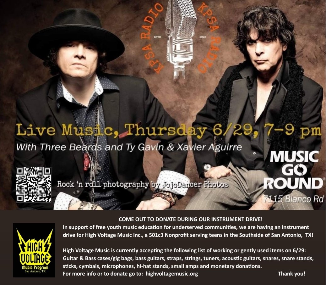 bellstarsa's tweet photo. INSTRUMENT DRIVE for @HVMusicProgram 
6/29 at Music Go Round SA
during @KPSAradio live music show 7-9pm! 
Working and gently used Items needed: Mics, guitar/bass cases, snares &amp; stands, hi-hats &amp; stands, Bass, strings. TY! 🖤⚡️ https://t.co/qnuxHktZ2Z