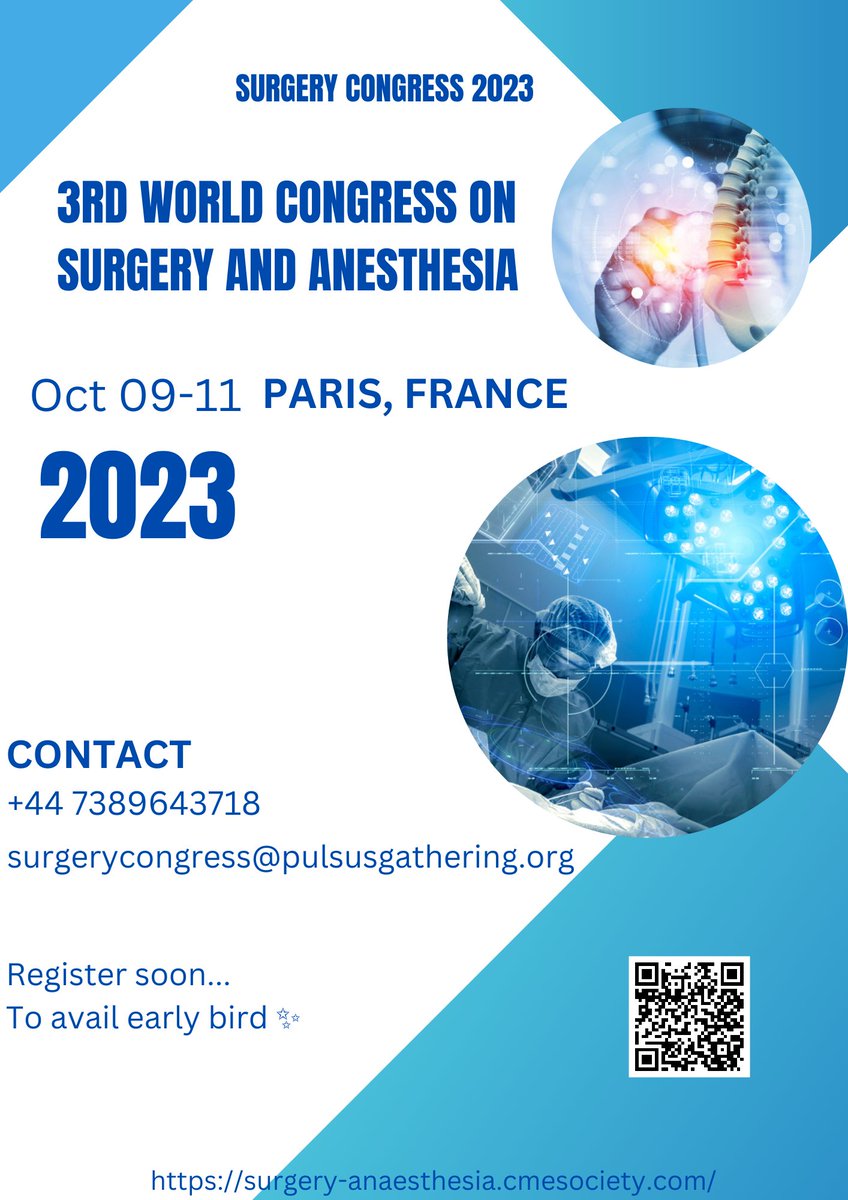 "Save the date! Surgery Congress 2023 is just around the corner. Register today to be part of this prestigious event where groundbreaking surgical techniques and advancements will be shared. Don't wait, reserve your spot now!
surgery-anaesthesia.cmesociety.com
 #SurgeryCongress2023