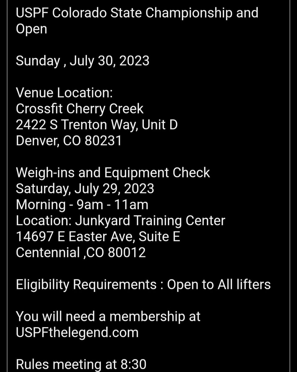 Well, did a thing last week.  Signed up for the #USPFColoradoStatePowerliftingMeet, which is my very first ever Raw-Raw full power, bench only, and deadlift only Open and Masters 2 meet with the USPF! 

#P2Powerlifting
#P2Power 
#ThisIsNow 
#NotJustAStuffedShirt
#uspfthelegend