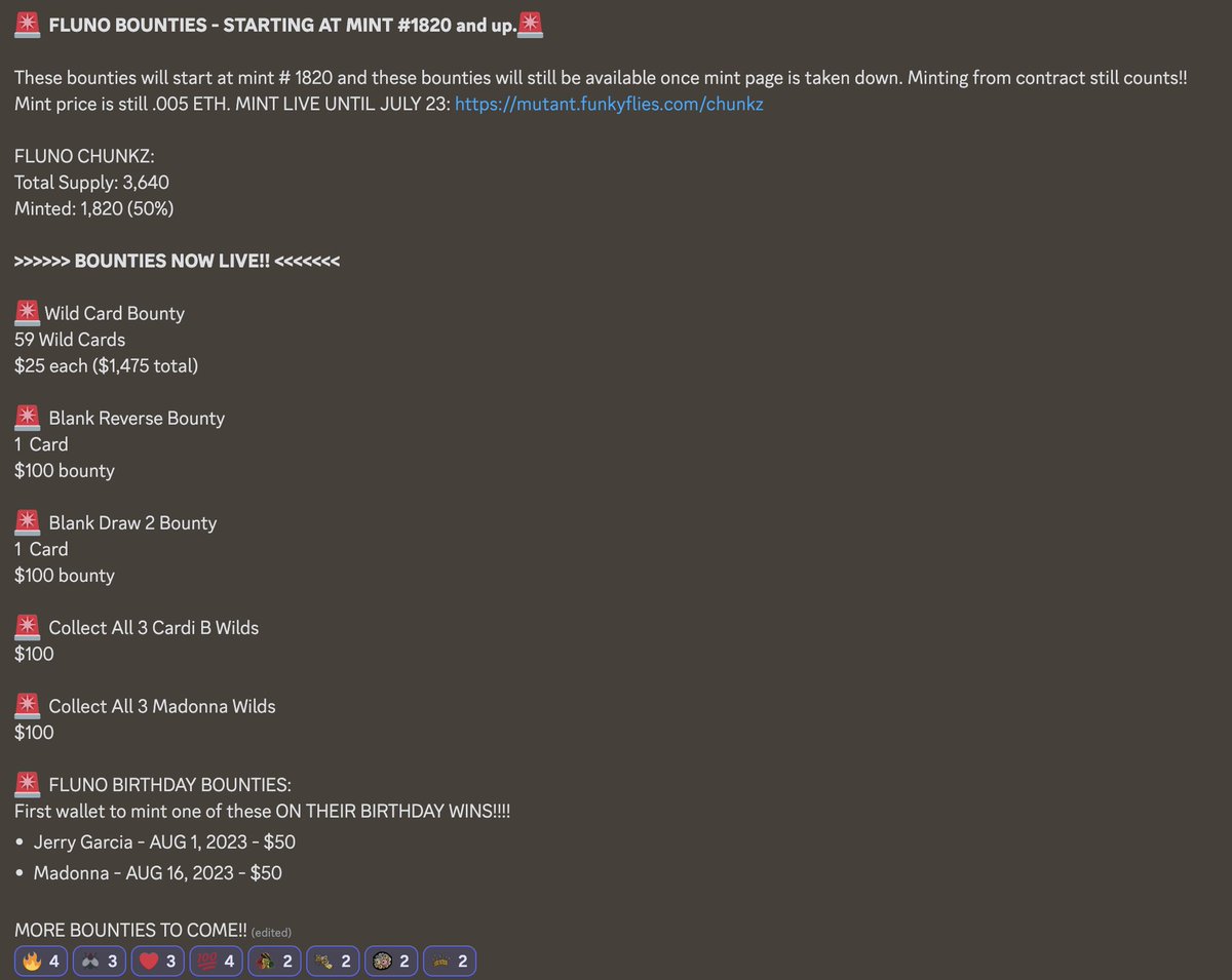 FLUNO BOUNTIES NOW LIVE!! These bounties will start at mint # 1820 and these bounties will still be available once mint page is taken down. Minting from contract still counts!! Mint price is still .005 ETH. Total Supply: 3,640 Minted: 1,820 (50%) MINT PAGE LIVE UNTIL JULY