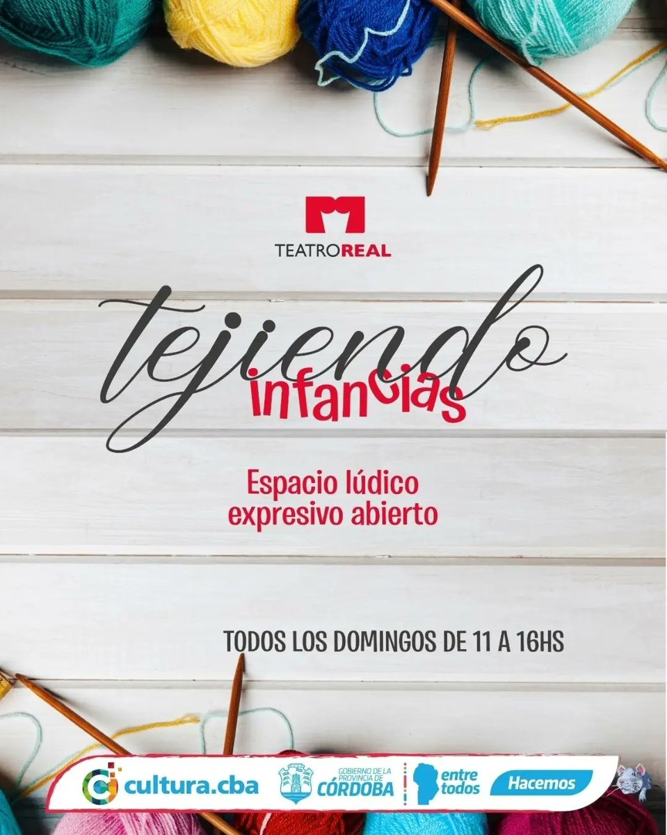 #Real2023 
TEJIENDO INFANCIAS
Domingos de 11 a 16hs

La <a href="/AgCbaCultura/">Cultura CBA</a> a través del Teatro Real comparte que los domingos de 11 a 16hs., San Jerónimo 66, con entrada libre y gratuita para todo público, se transforma en un espacio participativo para los más chicos.