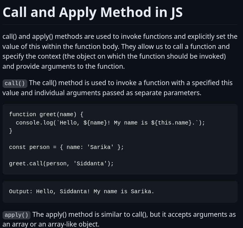 Sarizzka's tweet photo. Today I  learned about call and apply method in JS.   Here's the GitHub repo:  
https://t.co/eh6pUBs5oF

 #LearningWithLeapfrogg #60DaysOfLearning2023 #LSPPD26 #javascript https://t.co/fE8dTxj4CV