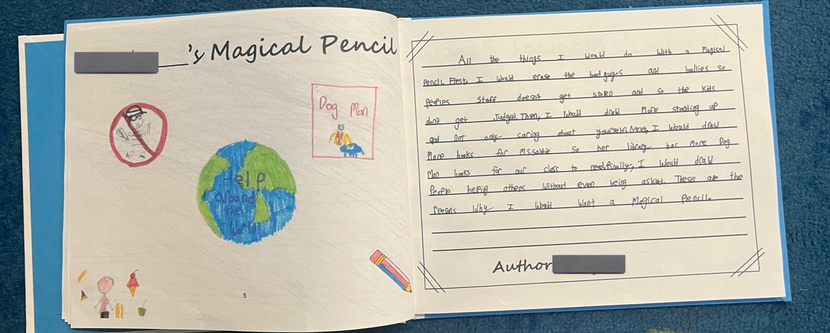 MsSavoie1's tweet photo. Our beautiful classroom book!! Our book was inspired by the story “Malala’s magical pencil” &amp; students wrote about how they can change the world with a magical pencil! ✏️I’m so proud of how hard 3B worked on this! Shoutout to one of my students for making the cover! @SomersetPS https://t.co/hm7JRrPdy8