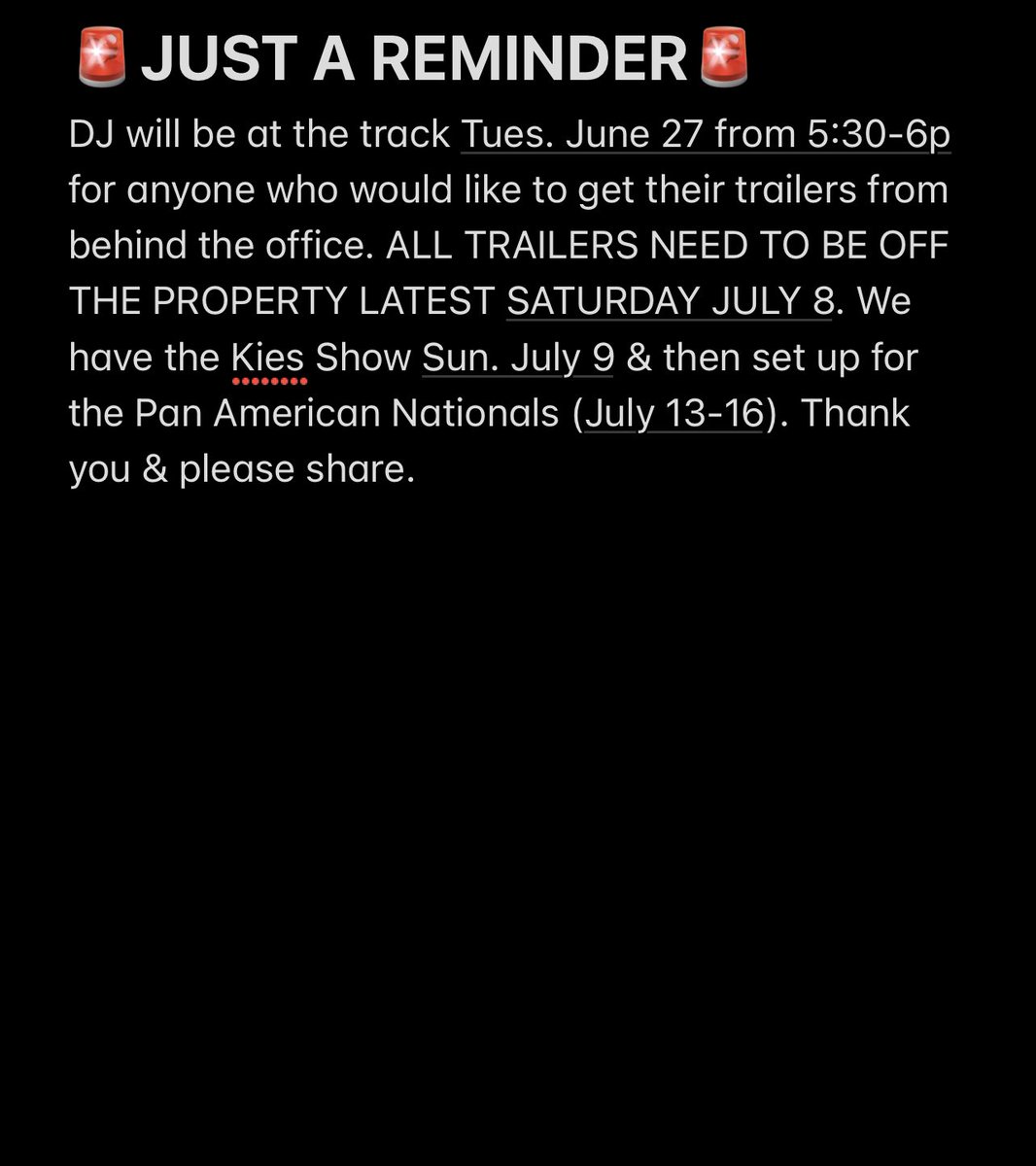 🚨ANYONE WITH A TRAILER AT THE TRACK🚨
All trailers need to be OFF OF THE PROPERTY latest by Saturday July 8. Thank you &amp; please share 🏁
