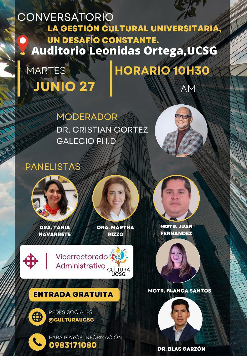 PosgradosUPS's tweet photo. ✅Nuestro director de la maestría en Gestión Cultural,
@blasgarzon, estará en el conversatorio: La gestión cultural universitaria, un desafío constante. En @ucatolicagye. 

📌Te contamos que @upsalesianaec ofrece una maestría en Gestión Cultural, detalles: https://t.co/urr1PKaRO2 https://t.co/egwhxmxttQ
