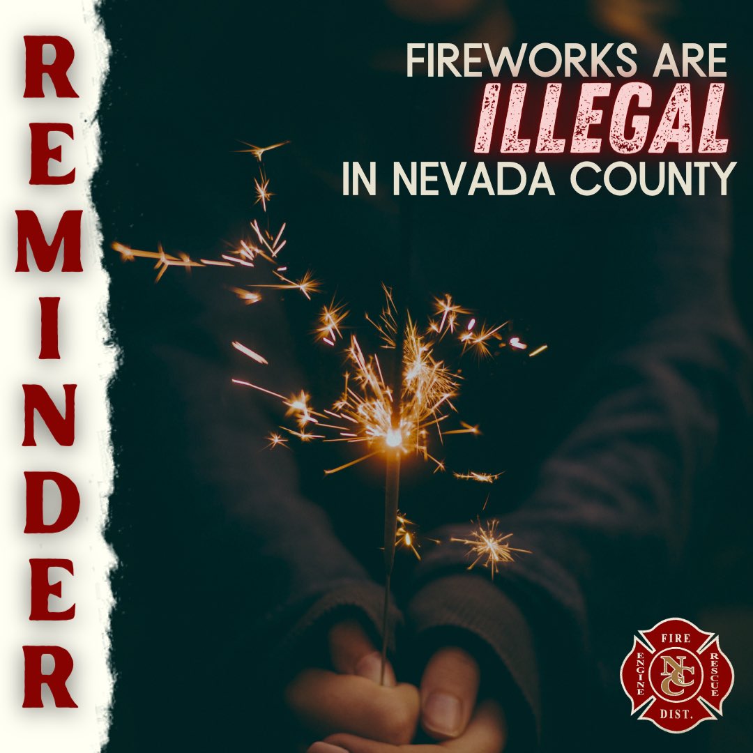 ATTENTION!!! ALL fireworks remain illegal in Nevada County! Help keep Nevada County safe by considering alternatives like glowsticks and confetti poppers to celebrate and by visiting a local firework show put on by the city. #nevadacounty #fireworksareillegal #FireSafety