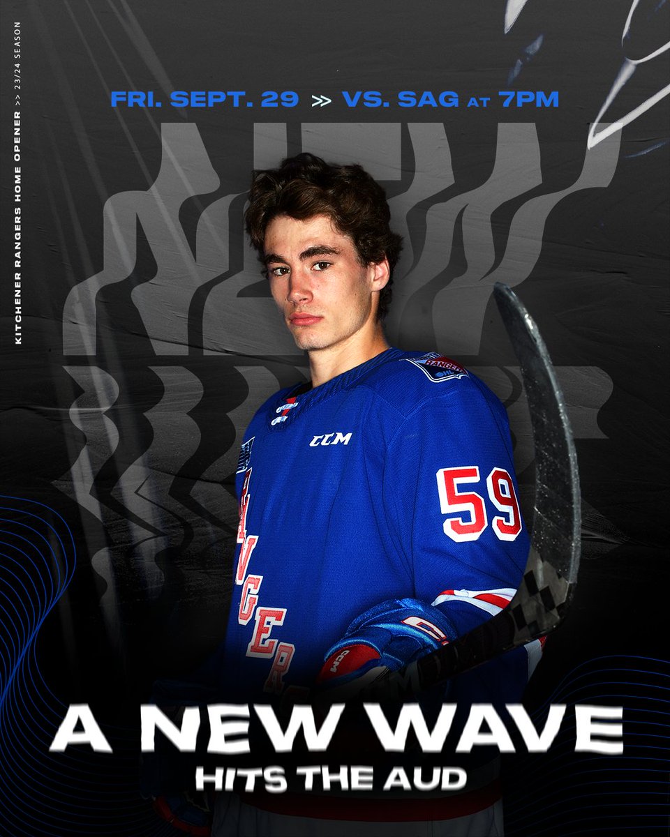 A #NewWave hits the Aud September 29th 🌊

The #OHLRangers are set to play @SpiritHockey on the Friday at 7pm. That's right, 7pm.

Details: bit.ly/3XxGHk8

#Kitchener | #RTown