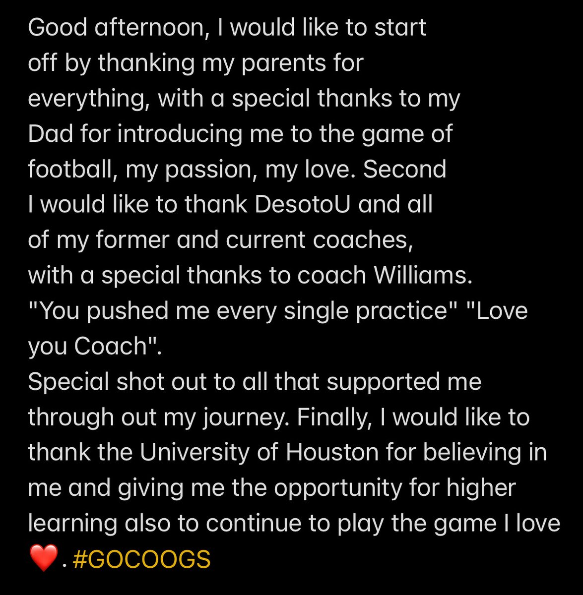 110% Committed @FootballDesoto #GorillaGang @iCoachTheHAWGS @CoachSweeny @Cbowen90 @UHCougarFB @Emannaghavi @coach_rb3 @CoachJinks I appreciate all of you. #GoCoogs