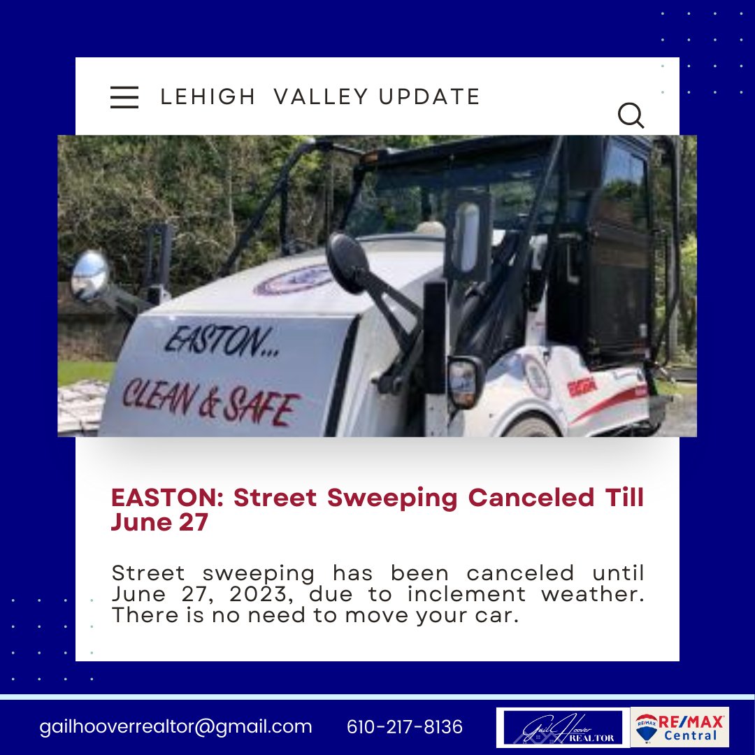 Easton Update: Street sweeping is canceled until tomorrow, Tuesday.

#LehighValleyUpdate #Easton #LehighValley