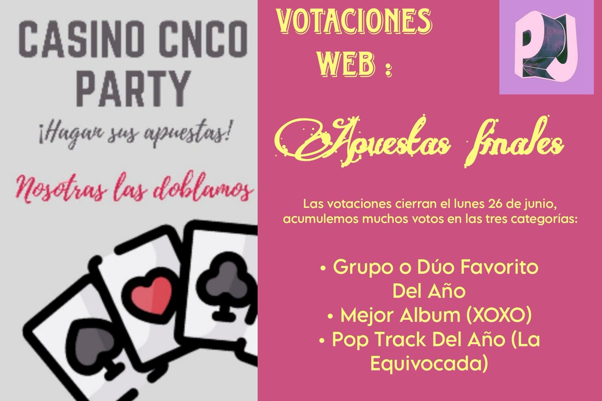 CNCOFanBaseA's tweet image. 🎉♦️ CASINO PARTY - PJ
Último día
Es hora de que dejen sus apuestas ( votos) que al finalizar el día nosotras las doblaremos y así acumulamos más votos
🔔 ÚLTIMO DIA PARA VOTAR
👉🏼Dejen las capturas de sus votos en las 3 categorías
🔃 RT
Link: premiosjuventud.com/vota
#CNCO