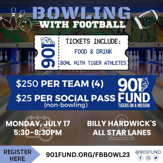Join some of my teammates for a night of bowling with the @901Fund on Monday, July 17. Your team of 4 can bowl a U of M football player for $250 or you can hang out and enjoy free food and drinks with a $25 social pass. #ad Grab tickets at 901fund.org/fbbowl23