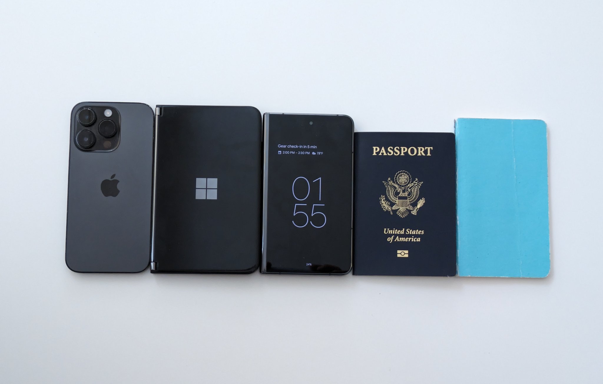 Ray Wong on X: Pixel Fold size comparison: From left to right: iPhone 14  Pro, Surface Duo, Pixel Fold, US passport, notebook   / X