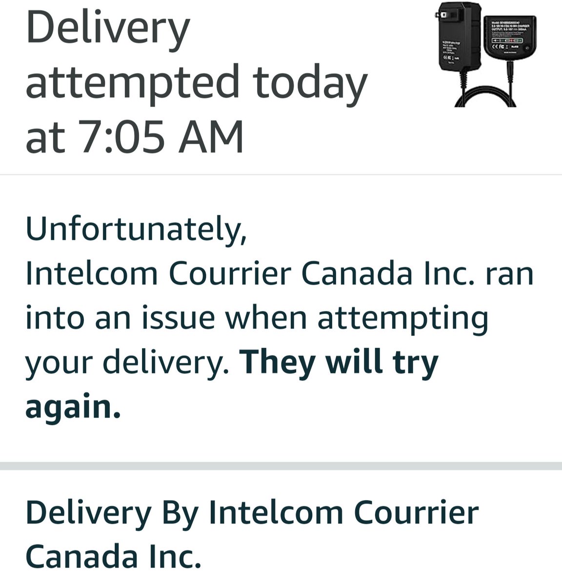 kempthead's tweet photo. At the risk of repeating myself, #Intelcom Courier is incompetent.
I gave up asking Amazon to deliver to my rural NS home after many #Intelcomfails. Instead I use an address in Sydney.
That strategy failed today when Intelcom attempted delivery at 7 am, b4 the business opened. https://t.co/6S7YF3pqGE