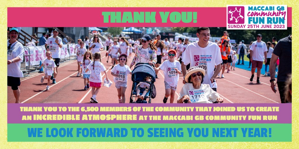 Thank you for participating in the Maccabi GB Community Fun Run.

We welcomed over 6,500 members of the community, and seeing everyone come together in such a remarkable way was truly inspiring