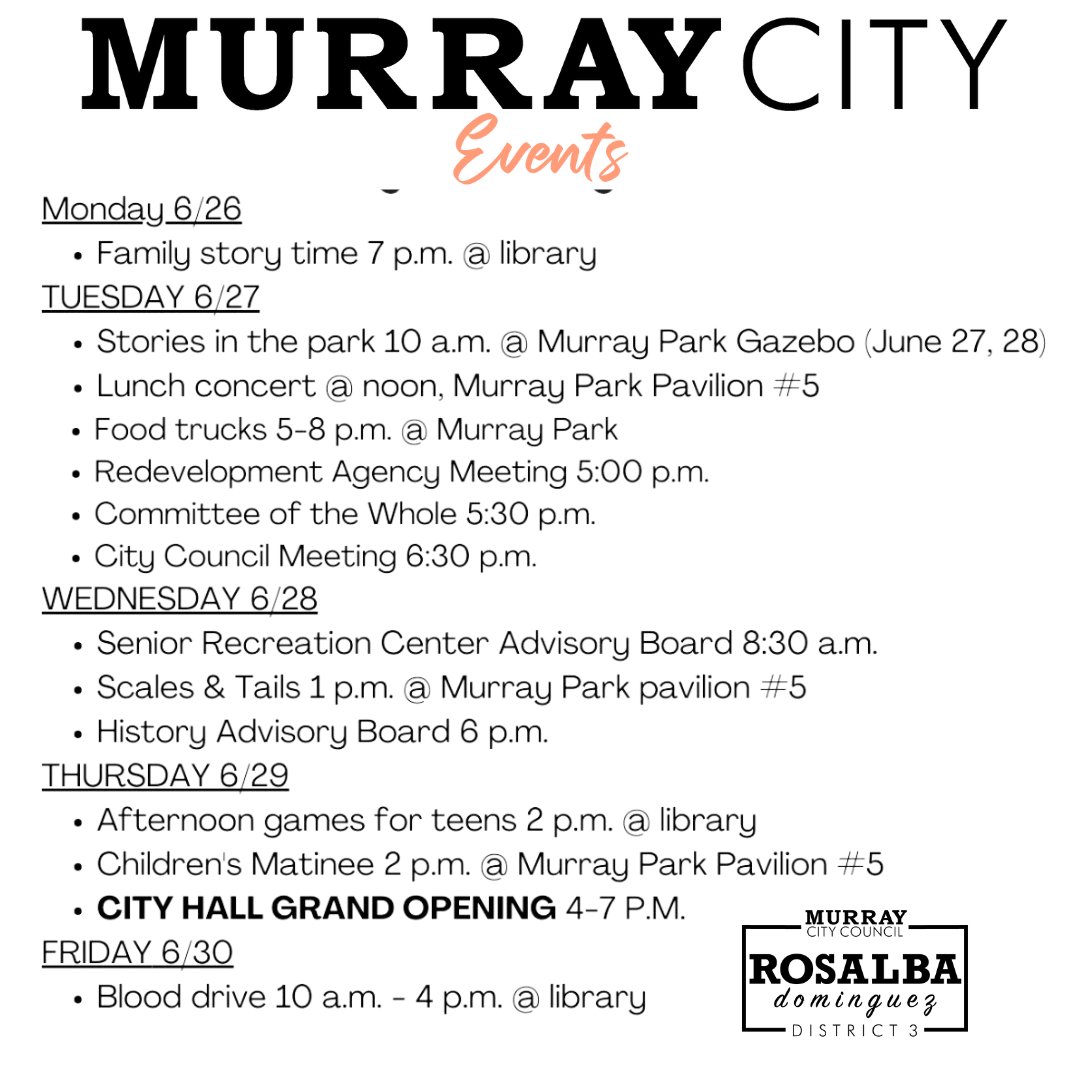 RepRosalba's tweet photo. Another series of fantastic events are happening in Murray this week, one of the most anticipated being City Hall's grand opening! I cannot wait to see all of you there. https://t.co/vztkQpT8t3