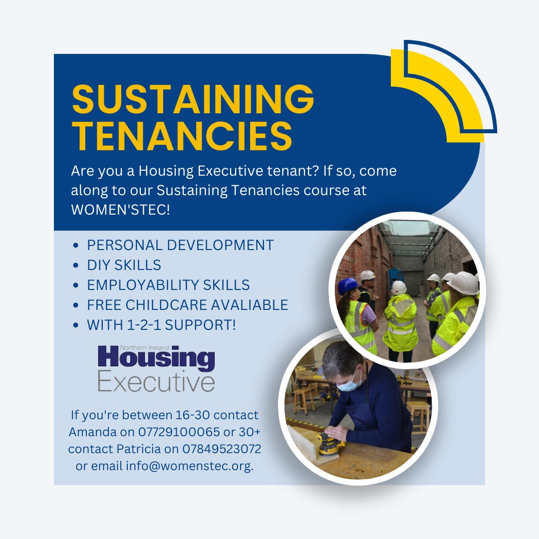We're still recruiting for our @nihecommunity Sustaining Tenancies courses! If you're a Housing Executive tenant then this course is for you! Fill in our form below!👉 ow.ly/GG3e50OrVUn #womenstec #notjustforboys #housingexecutive #nihe #diy #diyskills #learn #coursebelfast