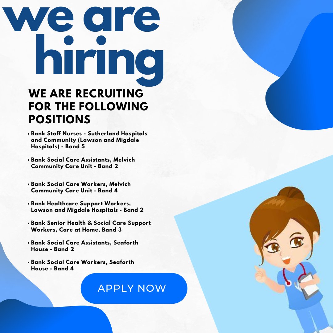 NHSHJobs's tweet photo. ⭐SUTHERLAND HOSPITALS, CARE HOMES AND COMMUNITY SERVICES⭐

We are recruiting for the following positions below:

Apply here: https://t.co/cugDkbVq9C https://t.co/t4SPRrSeDS