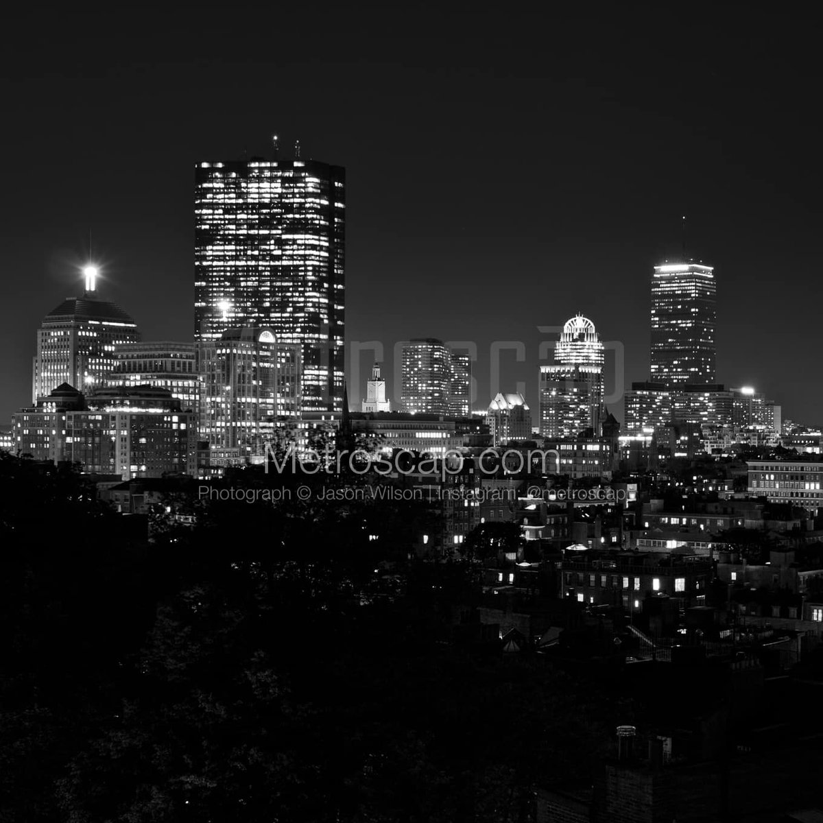 Boston prints Black & White: Boston Back Bay Skyline at Night #boston #bostonUSA #bostondotcom #fenway #fenwayPark #617 #BlackWhite | metroscap.com/vintage-boston…