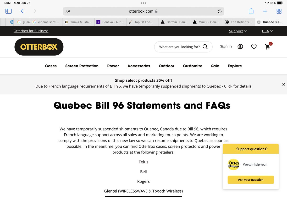 OtterBox has suspended all shipments to Quebecistan. #Bill96