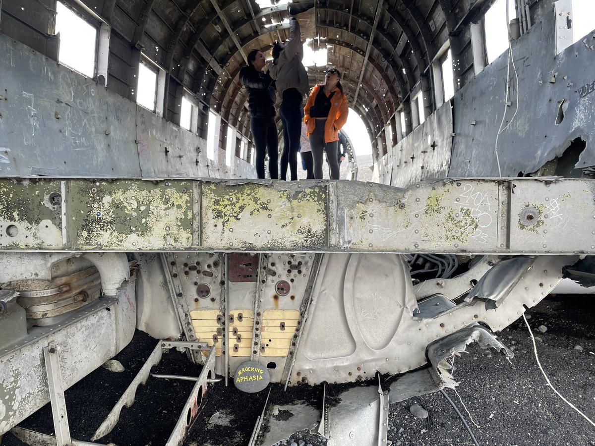 aphasiologist1's tweet photo. #RockingAphasia cleverly positioned in an American plane wreck near Skogar, Southern Iceland. Silly pilot pressed the wrong button. https://t.co/sn3DtTRfJk