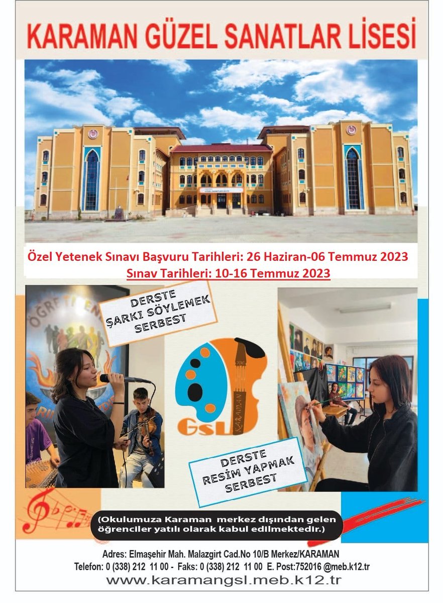 sdmrts01's tweet photo. Yetenek sınavı başvuru sürecimiz başladı. Geleceğin sanatçılarını bekliyoruz. @ismail_kilinc @arahmankurt @KaramanValiligi @CaliskanMhm @karamandan_com @karaman_gundem @karaman_bel_tr https://t.co/Cytki5GTNy
