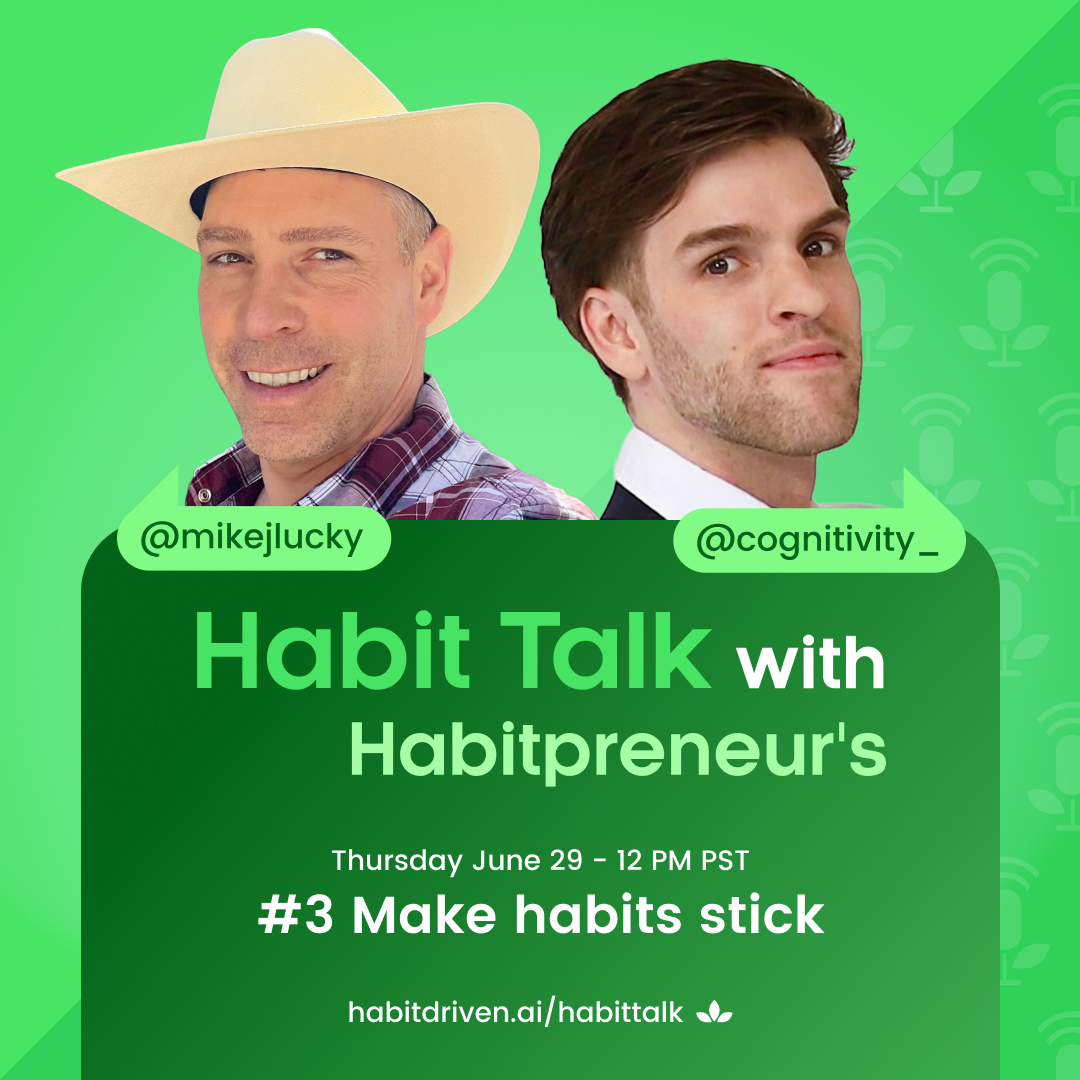 Habit Talk, Episode 3: Make Habits Stick

Learn how to break through that sticking point to create lifelong habits!  Join <a href="/mikejlucky/">Mike Jalonen</a> and <a href="/cognitivity_/">Jason Moynihan</a> live this Thursday at 12PM PST / 3PM EST.

x.com/i/spaces/1DXGy…
