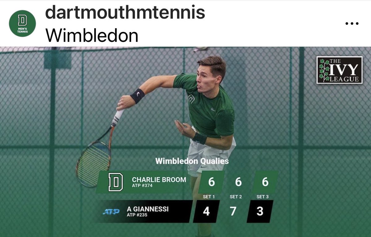 Dartmouth10s_w's tweet image. He’s the pride of Hertfordshire, England &amp;amp; the only player in the @Wimbledon qualies with a degree in biological chemistry from an @IvyLeague school. Congrats to Dartmouth men’s tennis alum Charlie Broom ’20 on his win today over higher-ranked @atptour player, No. 235 Giannessi!