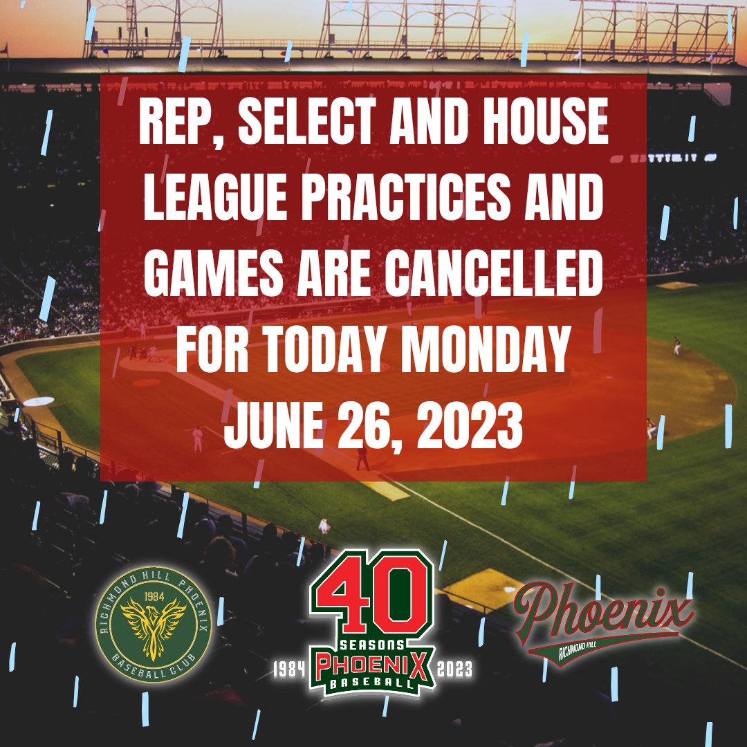 rhphoenixbc's tweet photo. Due to the rain, the city of Richmond Hill has cancelled all permits for today Monday June 26. Therefore, all Rep, Select, and House League practices and games are cancelled for today.

#richmondhillphoenix #baseballclub #rainraingoaway #allactivitiescancelled https://t.co/F6X4488Fyy