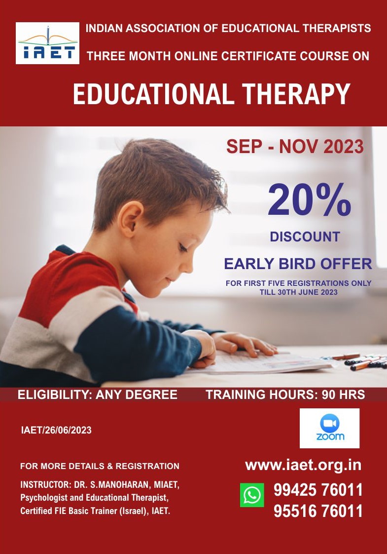 Educational Therapy course by IAET. For more details and registration please Contact on WhatsApp: 9942576011. Mobile: 9551676011 & 9551076011. #educationaltherapy #iaet #drmanoharansubburaj #psychologist #educationaltherapist #education #specialeducation #learningdisability