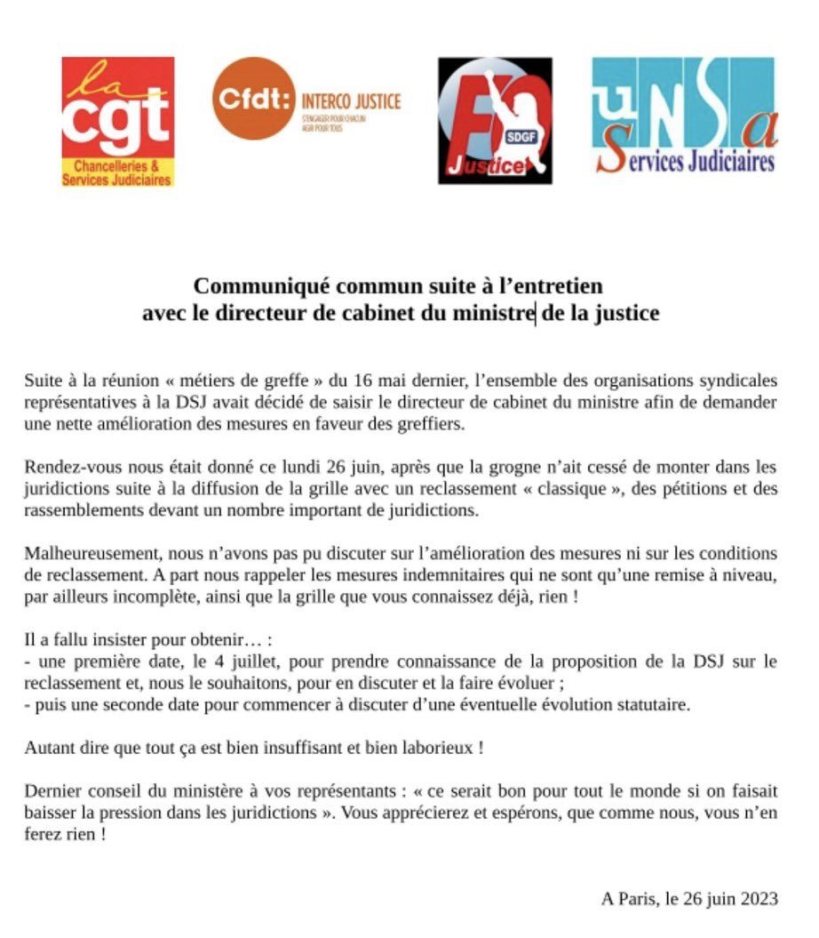 Face à la colère des greffiers, le ministère répond par du vide.
Et en plus, on ose demander aux représentants des personnels d’en appeler au calme en juridictions. 
Le Titanic vient de heurter l’iceberg et le Ministère cherche des musiciens pour jouer à l’orchestre. SANS NOUS !