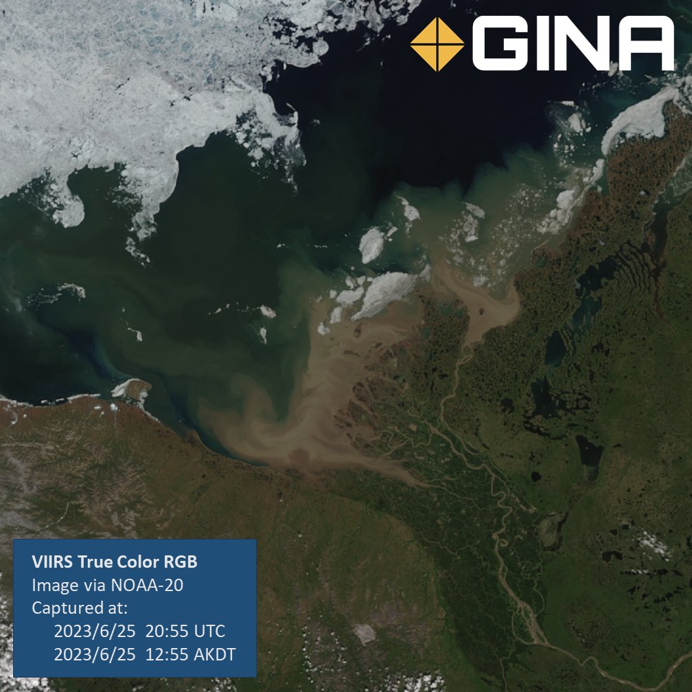 uafgina's tweet photo. This beautiful True Color image comes to us from #NOAA20 and shows the Kuukpak or Mackenzie River located in the Canadian Northwest Territories. In this image you can see the sediment from the river delta mixing with the Arctic Ocean where sea ice still remains. https://t.co/bnECYqIpwL