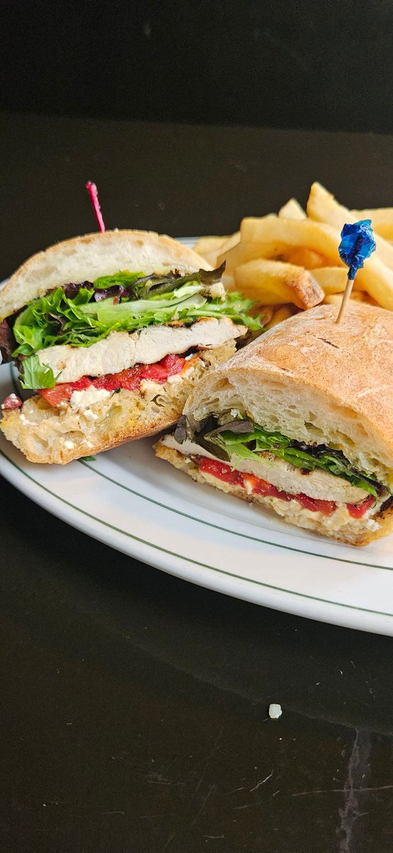 ROYALEXCHANGESF's tweet photo. Green Olive Chicken Sandwich Special! ๐คค๐ฅช
Grilled chicken breast, Spanish olive tapenade, feta cheese, roasted red peppers and mixed green on grilled ciabatta.
This sandwich is SAVORY heaven!
#meemeattheroyal #specialoftheweek https://t.co/hX7EhsiM63
