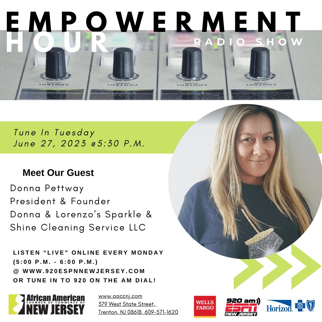 AACCNJ's tweet image. 📢 Join AACCNJ's Empowerment Hour on 920AM ESPN NJ! 🎙️
Tune in for an inspiring episode this week meet Donna Pettway, President of Donna &amp;amp; Lorenzo's Sparkle &amp;amp; Shine Cleaning Service LLC &amp;amp; Mark Gibson, CEO of MBM Fashion and Variety. Don't miss it! #AACCNJ #EmpowermentHour