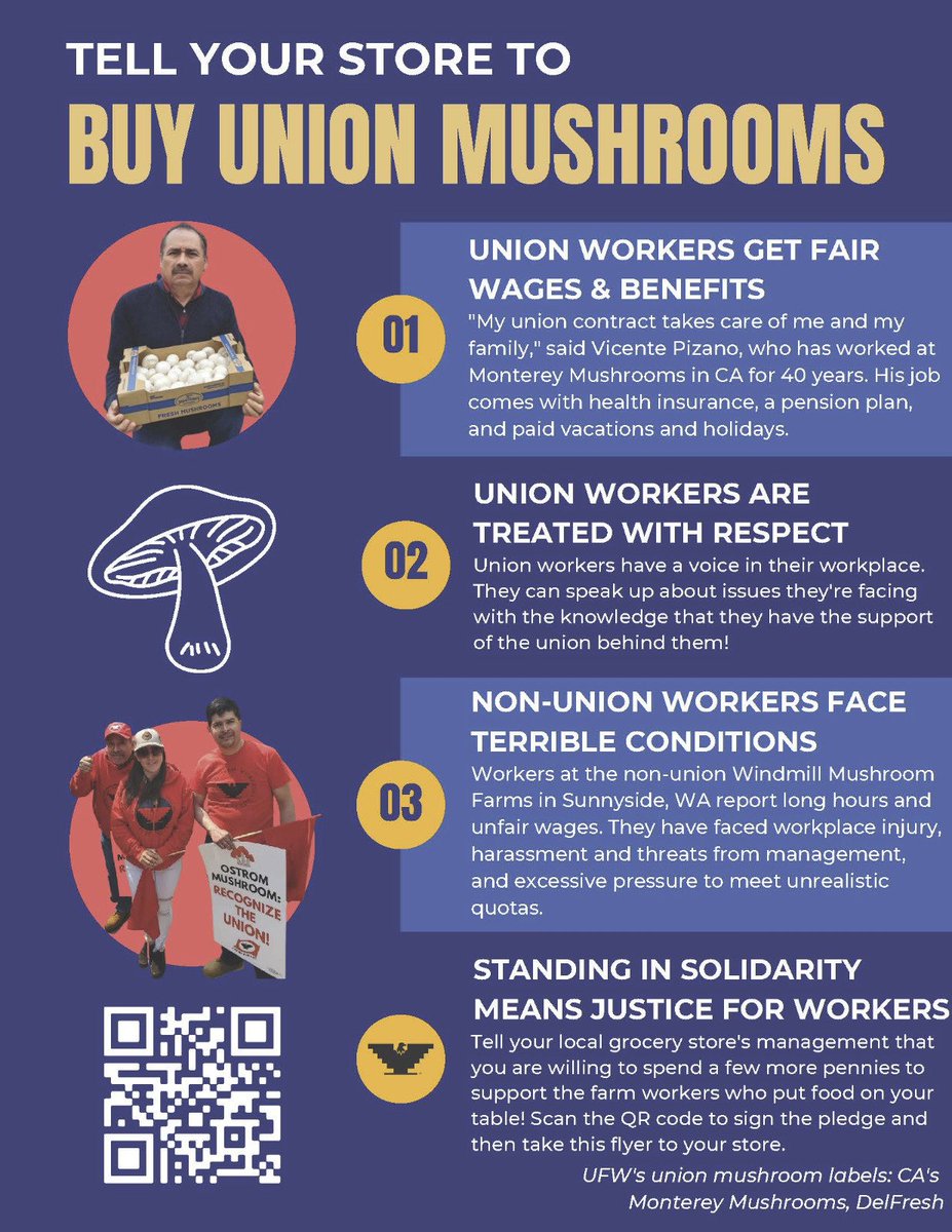 Tell your local grocery store you want your shopping dollars to support union mushrooms where workers are protected, vs non-union where workers can't speak up. Tell them you'd spend a few more pennies to support the workers. Sign pledge & download flyer at ufw.org/unionmushroom