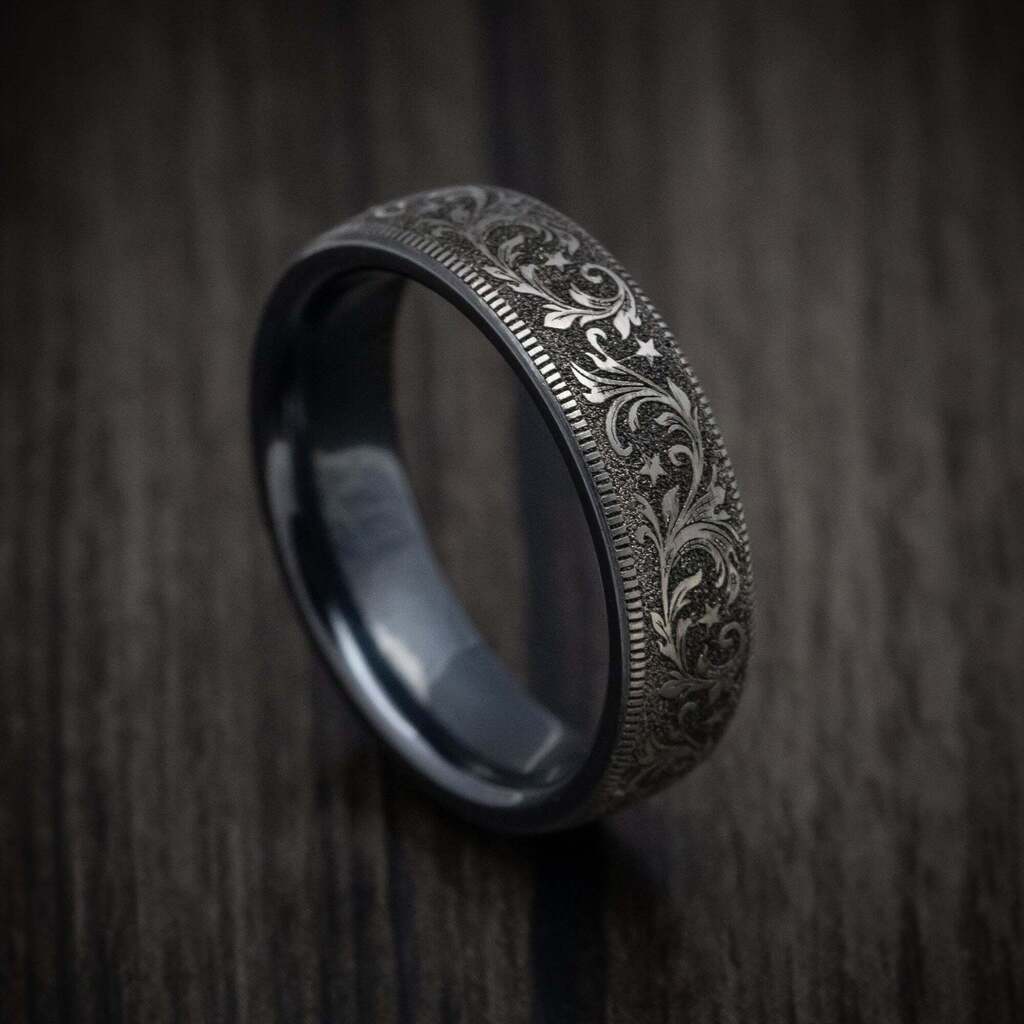 Newly listed product - Black Titanium Barrel Script Pattern Ring - Pricing and other details are at ift.tt/8W1KfJ9 #weddingrings #mensrings