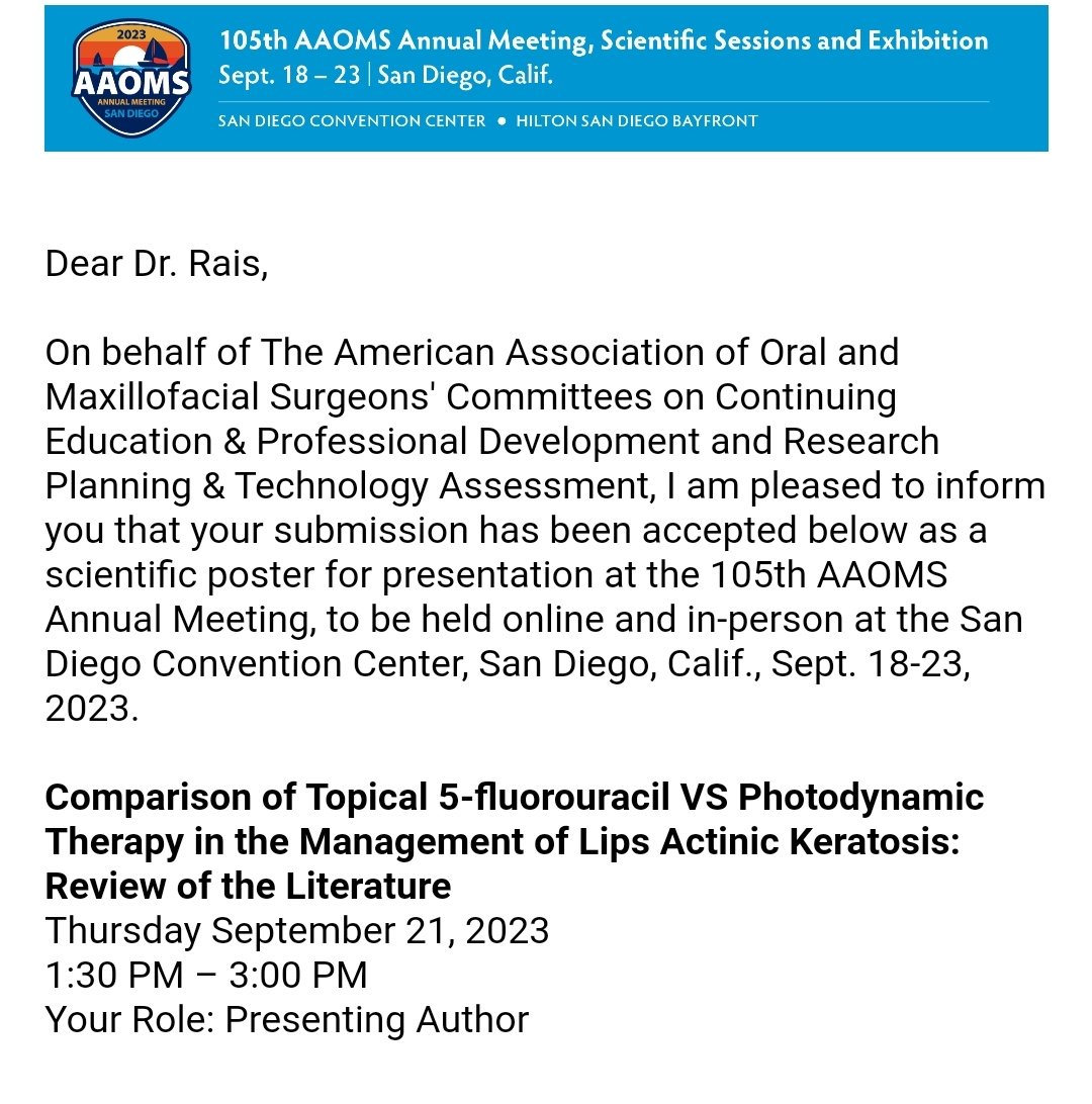 Delighted to receive the acceptance of our abstract for presentation during the annual meeting of the American Association of Oral and Maxillofacial Surgeons (AAOMS) in San Francisco Sep 2023.
#oralandmaxillofacialsurgery #headandneckoncology #dentistry #Research #OMFS #oralpath