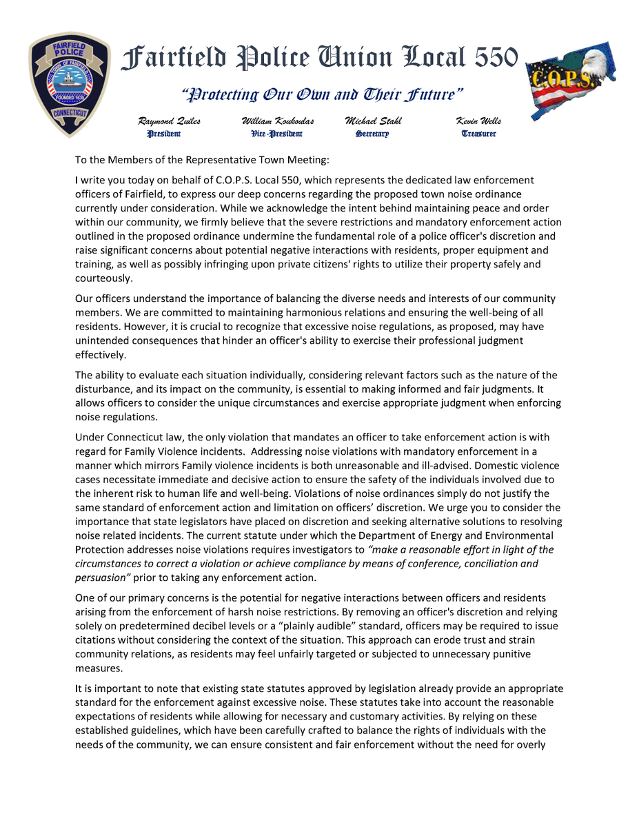 FPDUnion's tweet photo. The @FPDUnion has concerns with the proposed changes to the Town's noise ordinance.  Please see the attached public comments submitted on behalf of our members, the women &amp; men of @FPDCT. https://t.co/LJehtCFCus