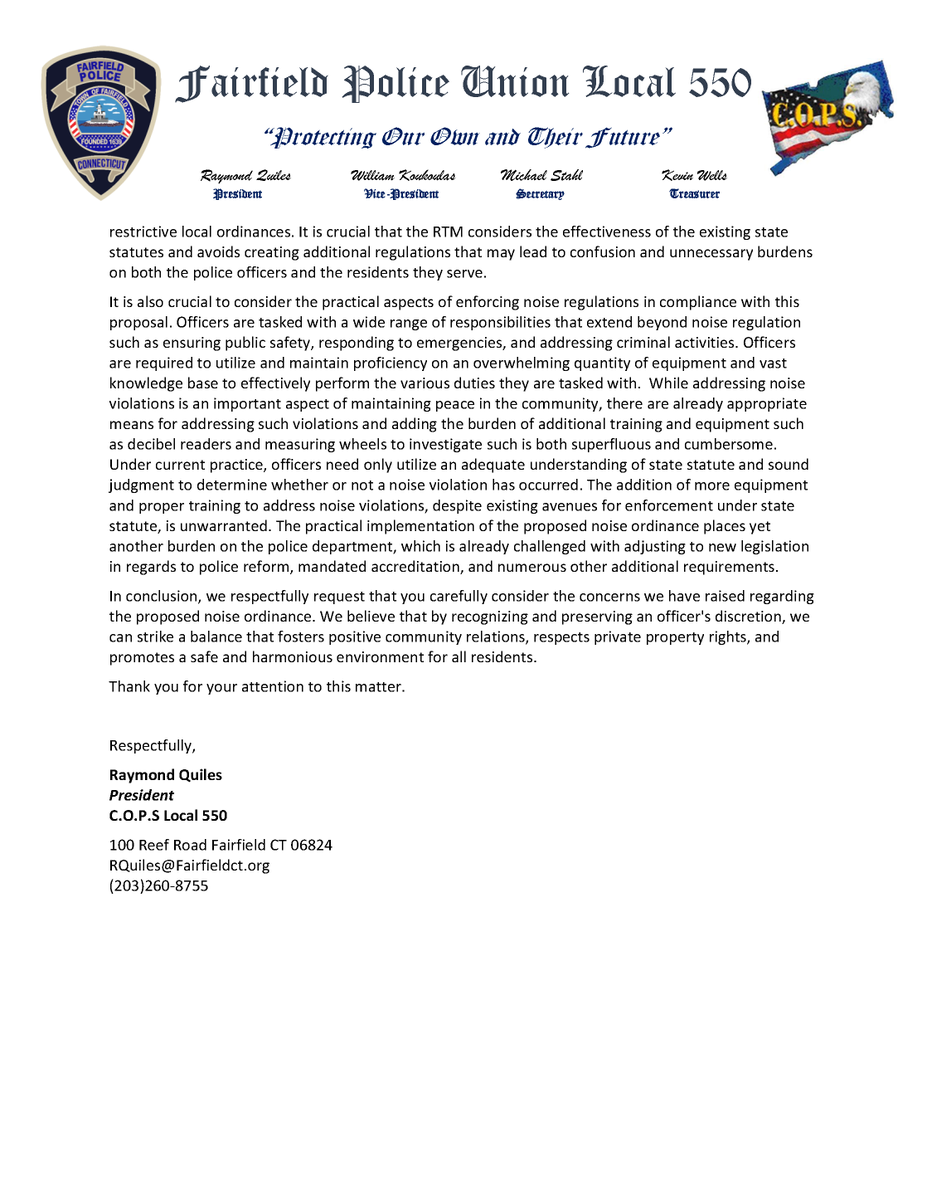 FPDUnion's tweet photo. The @FPDUnion has concerns with the proposed changes to the Town's noise ordinance.  Please see the attached public comments submitted on behalf of our members, the women &amp; men of @FPDCT. https://t.co/LJehtCFCus