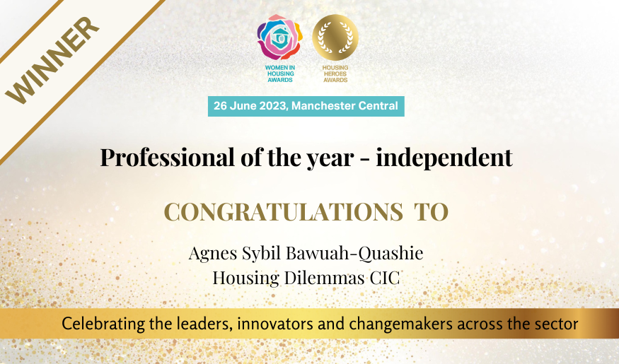 The award for 'professional of the year- independent' goes to Agnes Sybil Bawuah-Quashie (Housing Dilemmas CIC). Congratulations! #WomeninHousing