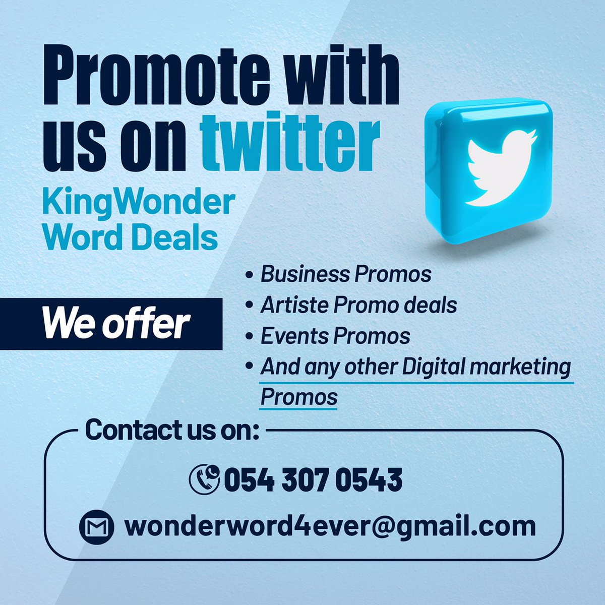 Are you a small business?? Are you an artiste seeking visibility?? Are you hosting an event and need Promos. Contact KingWonderWord Deals for all your promo deals. We are just a DM away. 
#KingWonderWordPromoDeals
#WeGotYouCovered