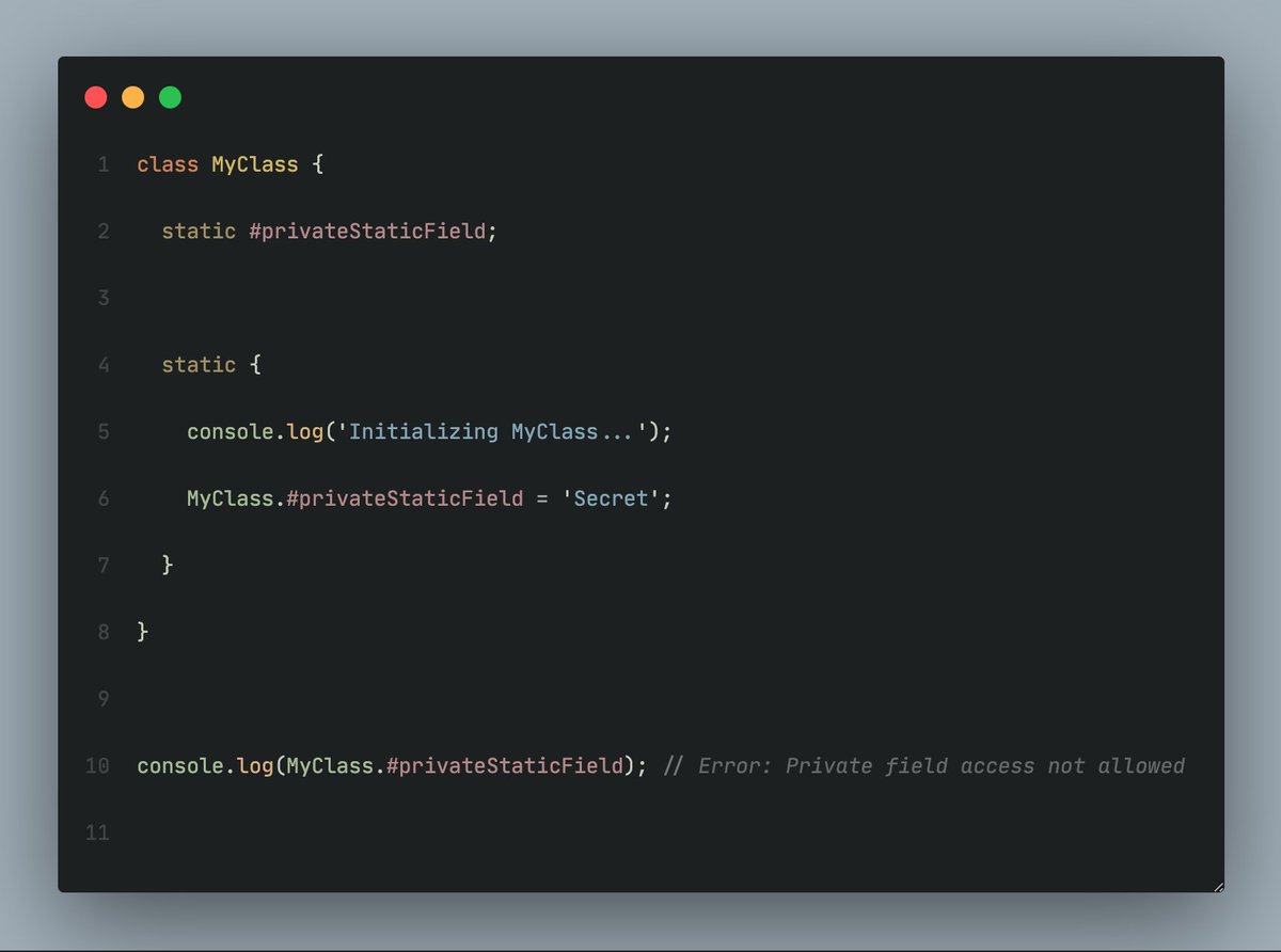 BillionsJoel's tweet image. 🏗️ Let&apos;s welcome static blocks inside classes! Execute code when your class is defined, initialize variables, set up configurations, and more. It&apos;s like a mini opening ceremony for your classes. #JavaScript #ESNext #StaticBlocks