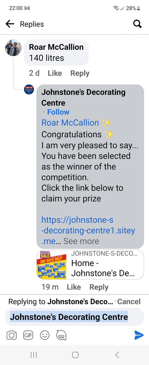 Hello <a href="/JohnstonesDC/">Johnstone's Decorating Centre</a> 
This a scam? 😔