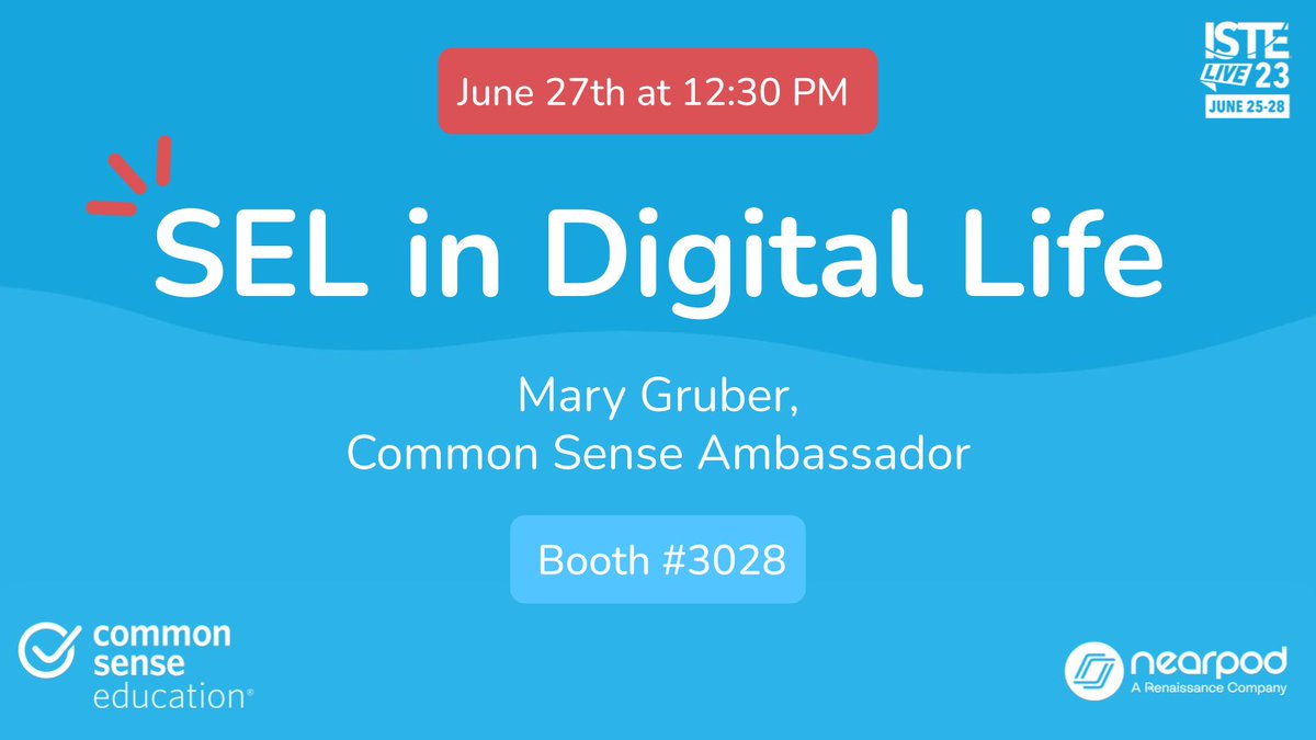 CommonSenseEd's tweet image. Don&apos;t forget to check out our Common Sense Ambassador Mary Gruber (@MGruber0424) TOMORROW when she presents &quot;SEL in Digital Life for K-12&quot; at the @Nearpod booth on Tuesday, June 27th @ 12:30pm!

#CommonSensePD #CommonSenseAmbassador #Partners
