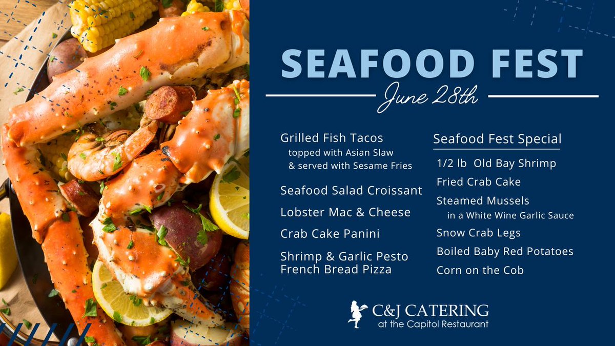 This Wednesday, June 28th, at the Capitol Restaurant in Harrisburg, we will host a Lunch Seafood Fest! 
#harrisburg #theburg #seafoodfest #seafood #seafoodboil #festival #foodfest #macncheese #special #seafoodspecial #OldBay #seafoodsalad #fishtacos #tacos #tacoboutit