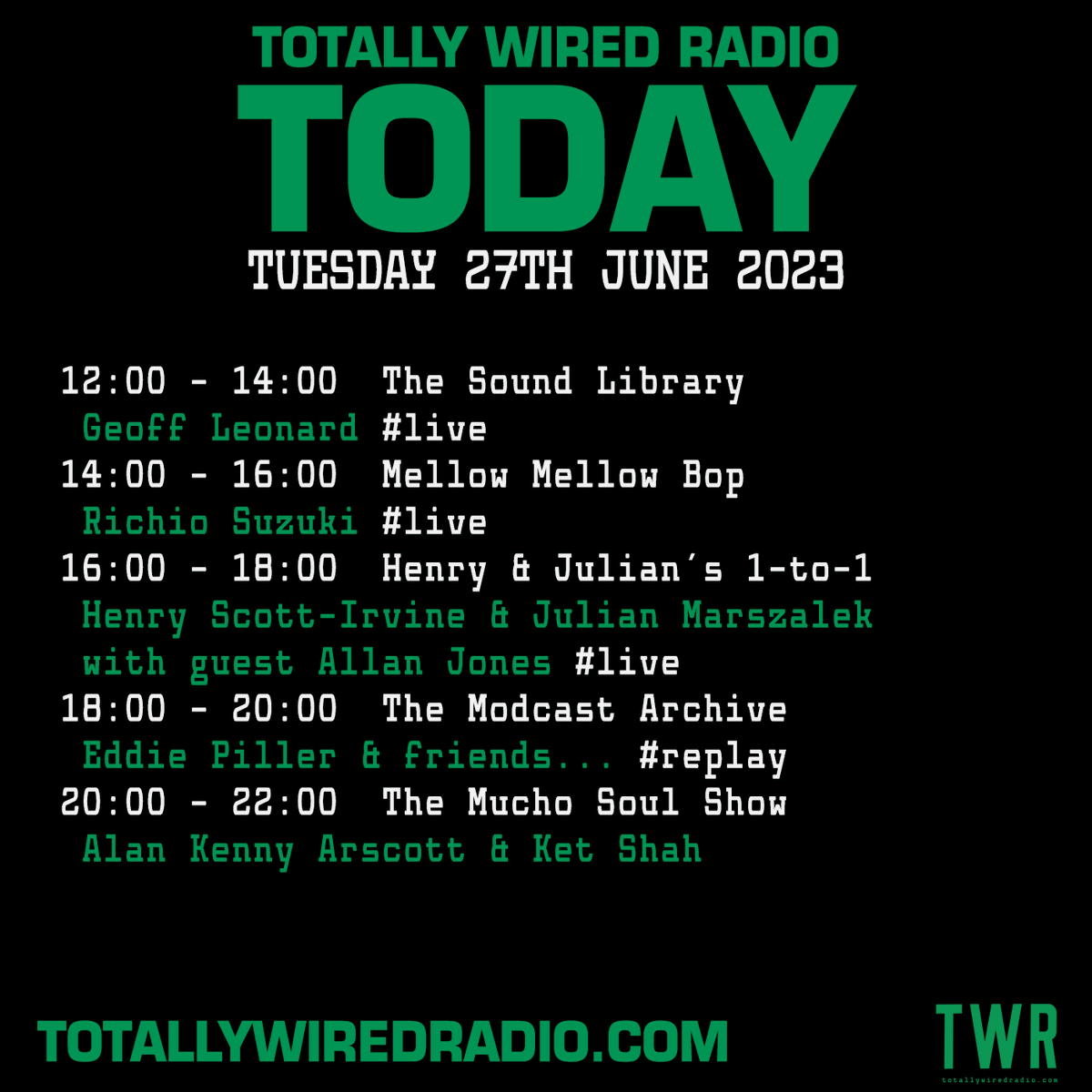 #Tuesday on #TotallyWiredRadio See our schedule for full details @ bit.ly/towira
-
#musicislife #london #soul #funk #jazz #beats #bass #house #nujazz #disco #ska #reggae #mod #punk
