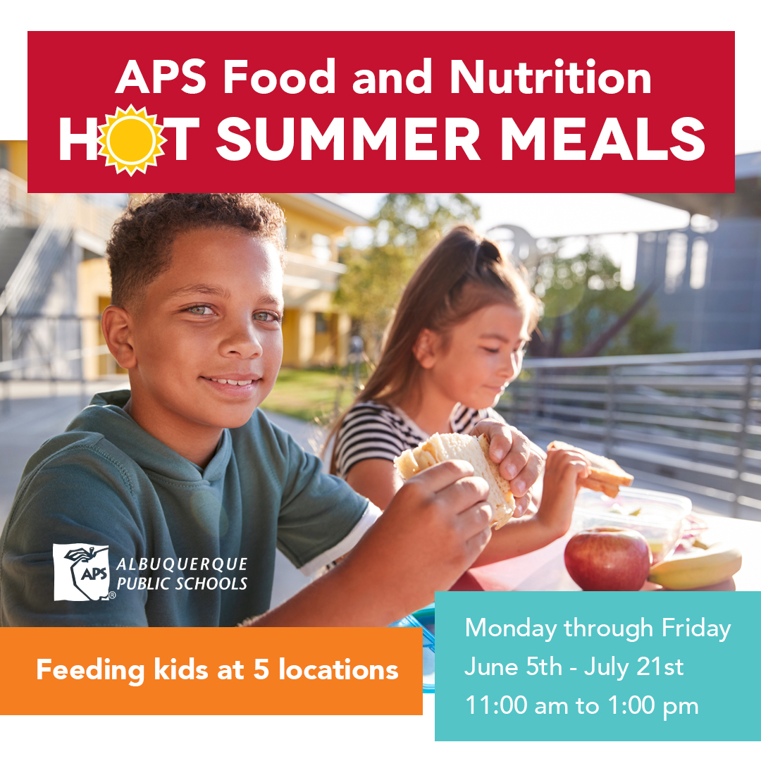 Hot meals are available this summer for FREE at 5 school locations! 
For more information and participating schools, click here: loom.ly/ZFJRD9M

#freemeals #summerlunches #freemealsabq