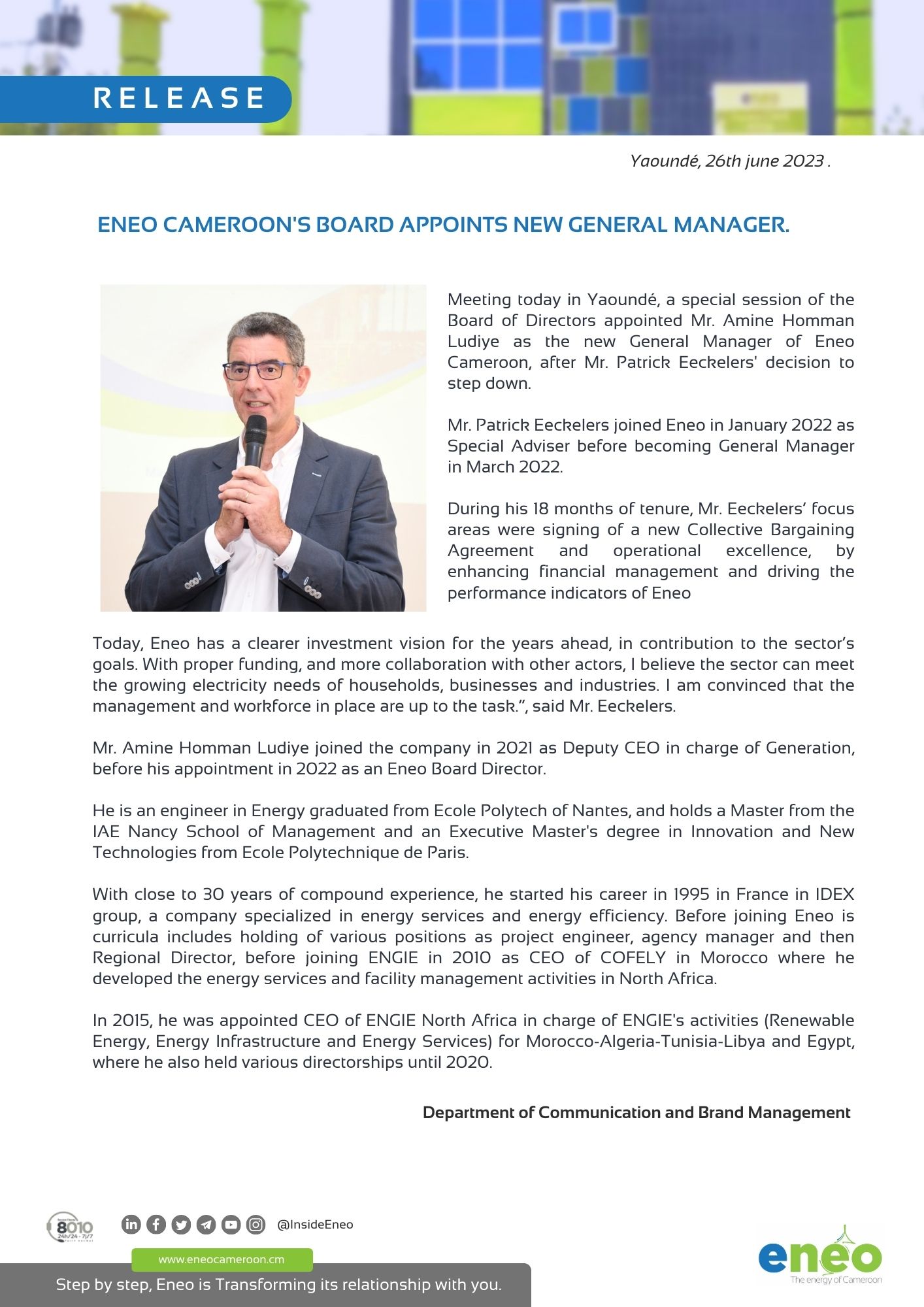 #EneoNews | Eneo Cameroon's Board appoints new General Manager.

Read more below 👇🏽